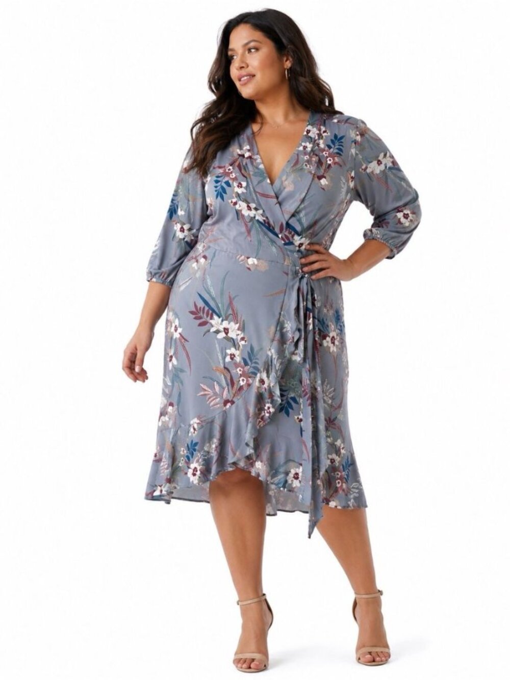 Standards & Practices Kylie Wrap Dress Plus Size 2X Grey Tropical Floral Ruffle